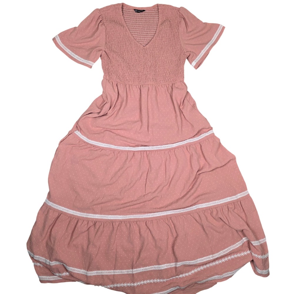 Pretty Garden Pink Smocked Tiered Maxi Dress Cottagecore‎ Romantic
